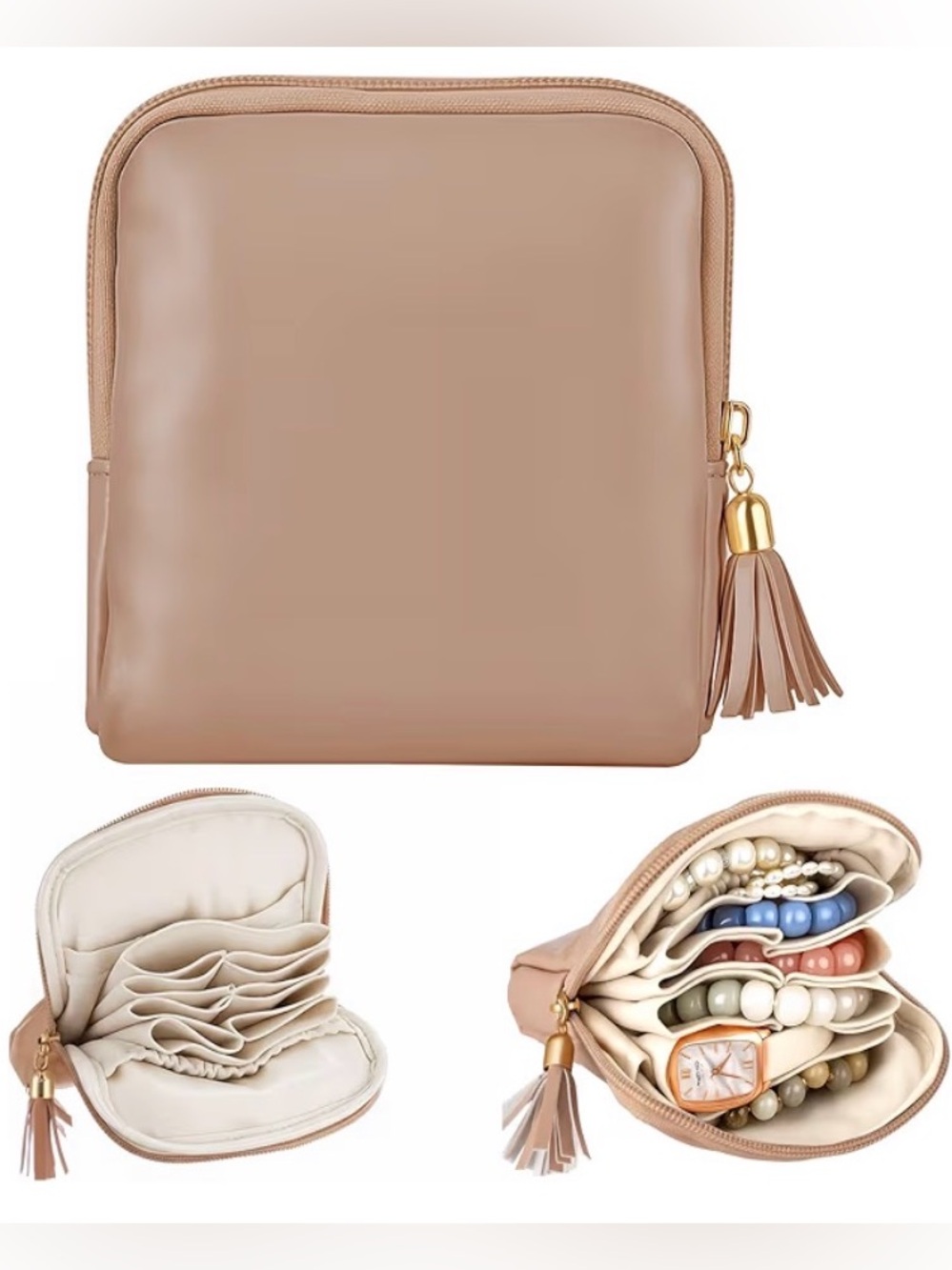 Compact Tan Jewelry Organizer Pouch with Tassel